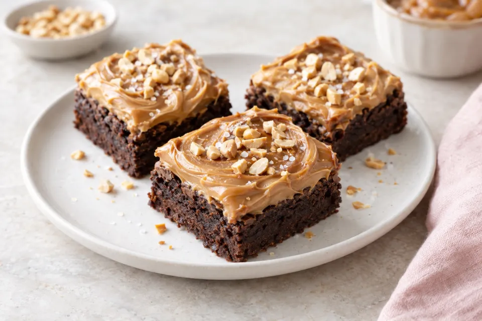 Brownies with Dulce De Leche-Salted Peanut Frosting