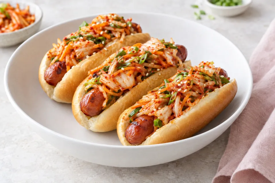Hot Dogs with Spicy Kimchi Slaw