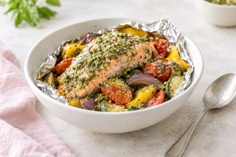 Pesto Salmon and Italian Veggies in Foil