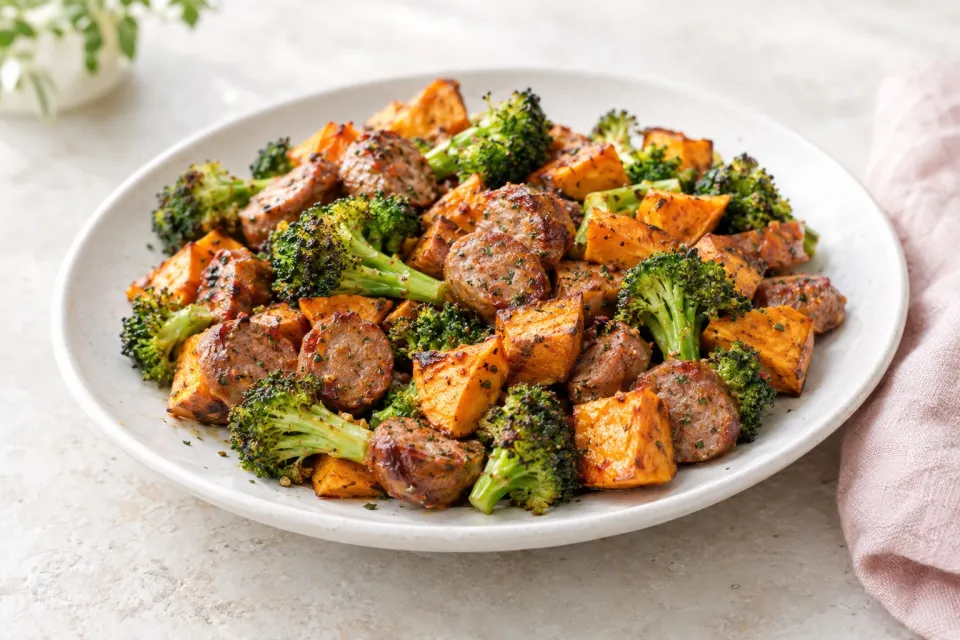 Roasted Sweet Potatoes, Sausage, and Broccoli Sheet Pan Meal