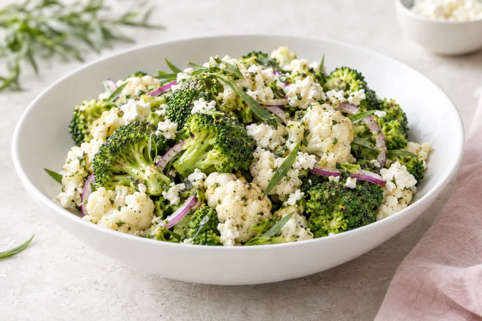 Broccoli and Cauliflower Salad with Feta and Tarragon Vinaigrette