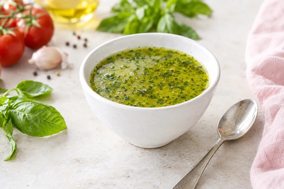 Basil Vinaigrette for Drizzling on Tomatoes, Veggies, Chicken, or Fish