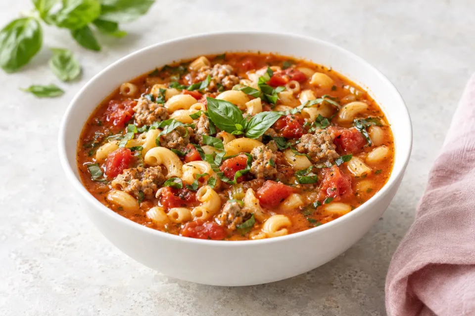 Easy Italian Sausage, Tomato, and Macaroni Soup with Basil