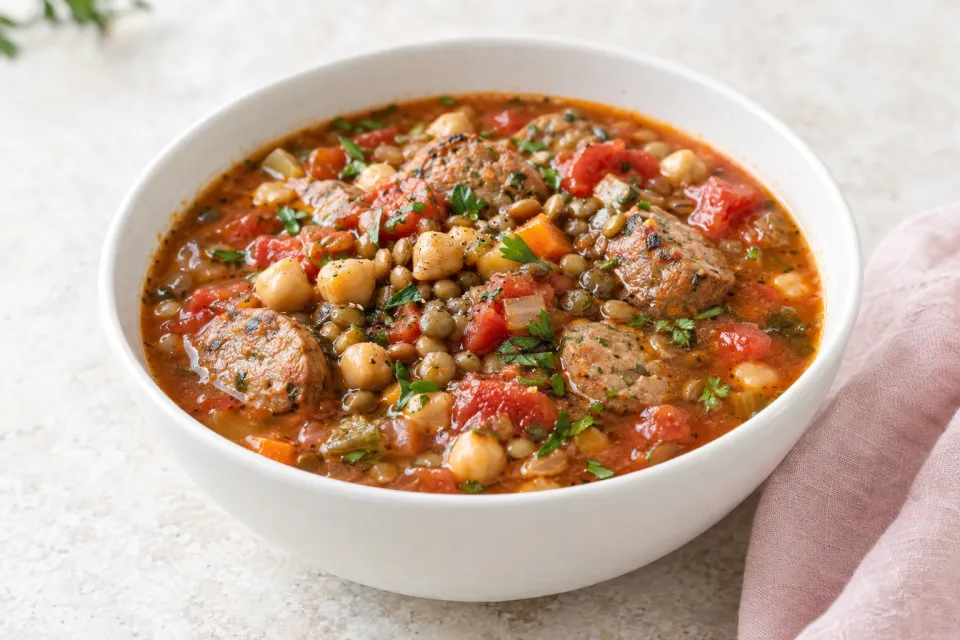 Roasted Italian Sausage Soup with Garbanzos, Lentils, and Tomatoes