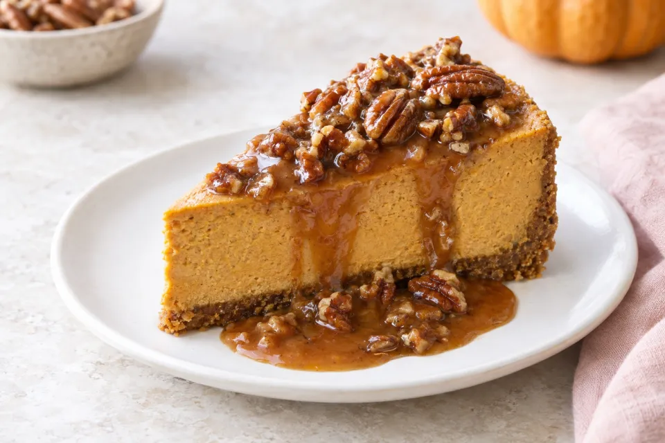Pumpkin Cheesecake with Pecan Praline Sauce