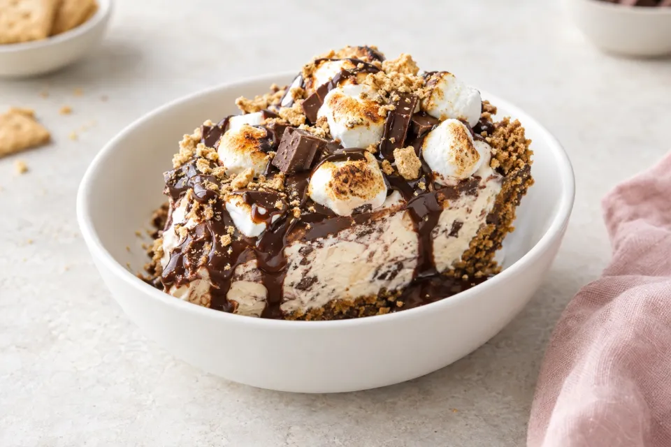 S'mores Ice Cream Pie with Salted Butter Chocolate Sauce