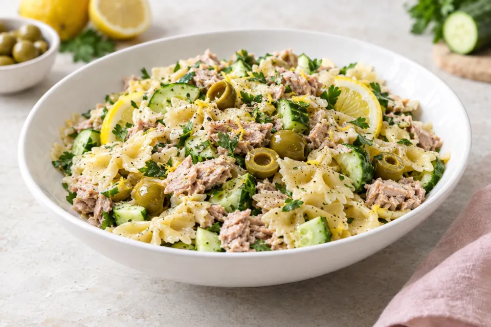Tuna Pasta Salad with Lemon, Green Olives, and Cucumbers