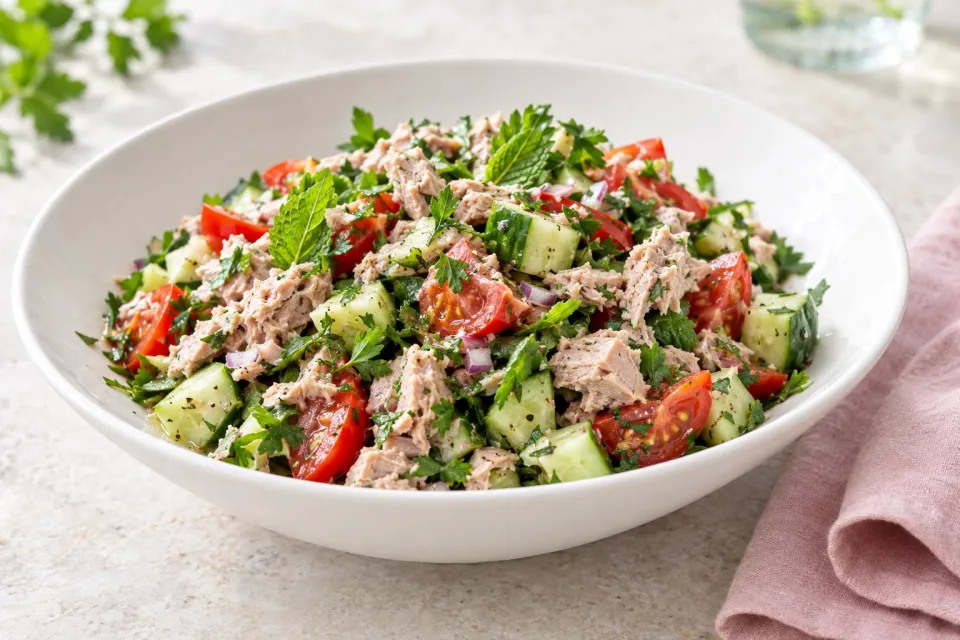 Tuna Salad with Tomatoes, Cucumbers, Parsley, and Mint