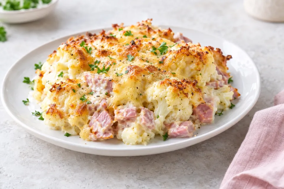 Low-Carb Ham and Cauliflower Casserole Au Gratin
