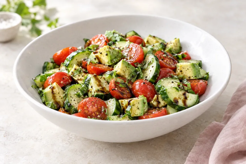 Not-So-Dumb Salad with Cucumber, Tomato, Avocado, and Balsamic Vinegar
