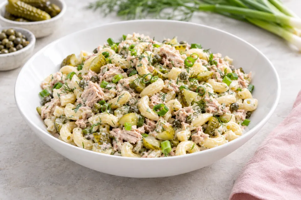 Tuna and Macaroni Salad with Dill Pickles, Capers, and Green Onions