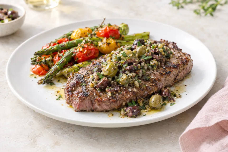 Pan-Grilled Steak with Olive Sauce