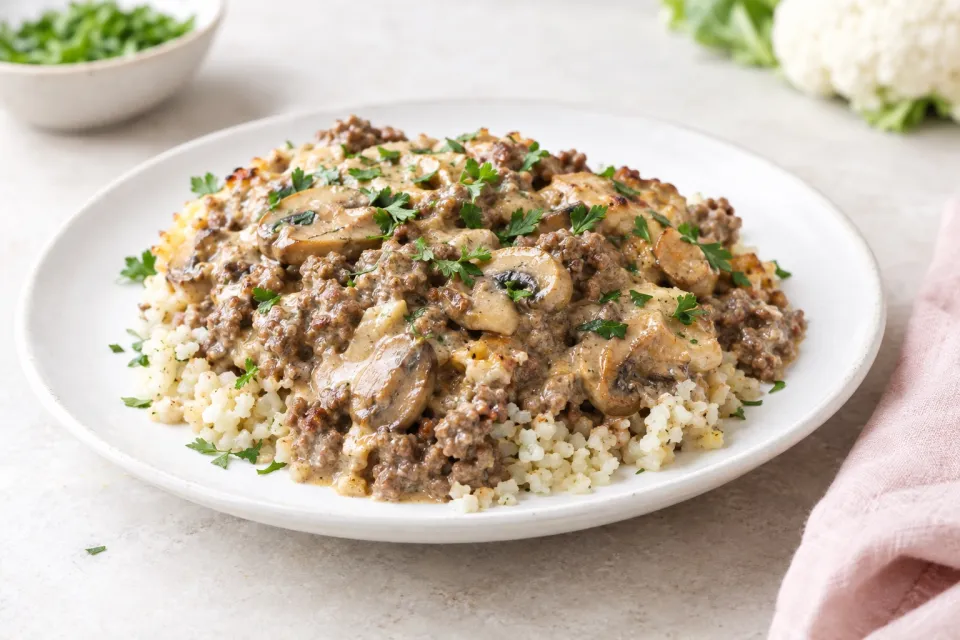 Low-Carb Ground Beef Stroganoff Casserole with Cauliflower Rice