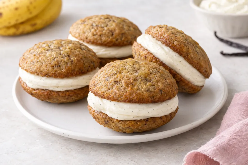 Banana Bread Whoopie Pies with Fluffy Vanilla Bean Frosting