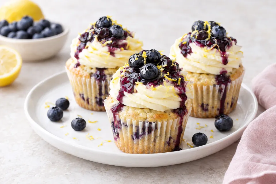 Blueberry Cupcakes with Lemon Buttercream Frosting and Blueberry Sauce