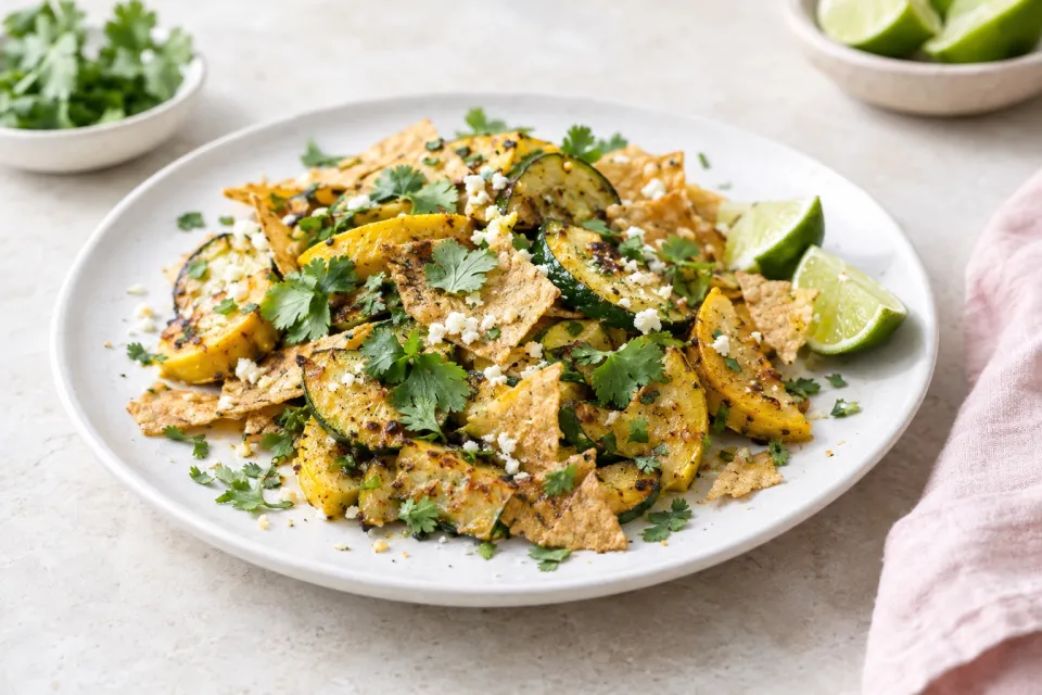 Pan-Fried Squash with Broken Tostadas, Cilantro, and Lime