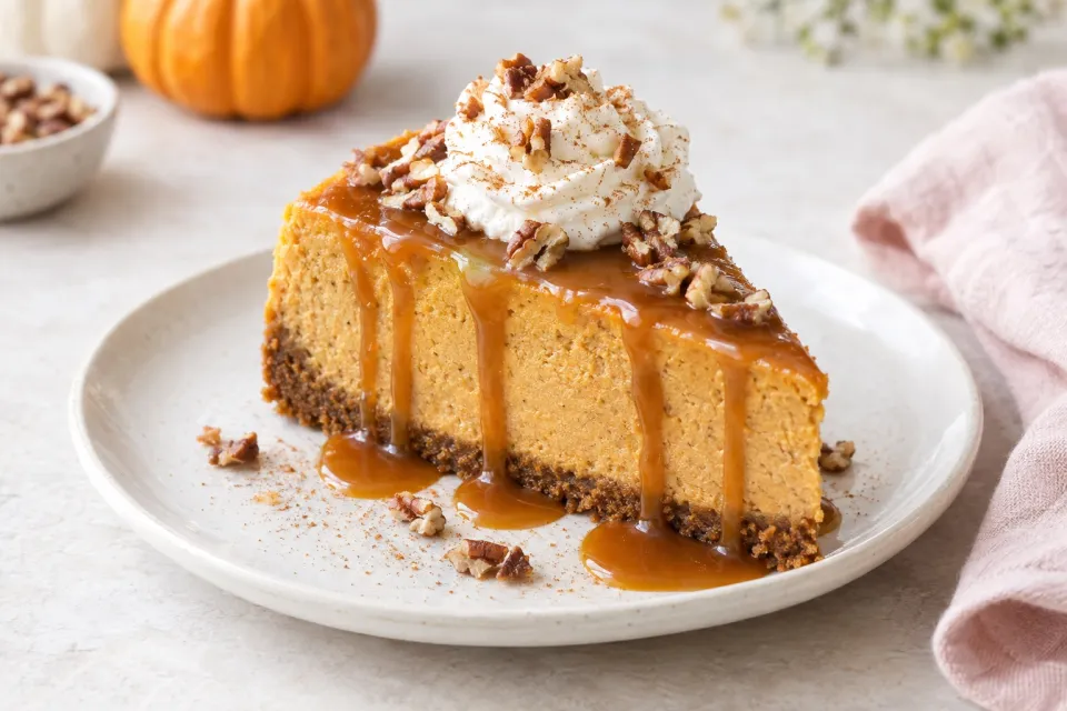 Spiced Pumpkin Cheesecake with Caramel Sauce