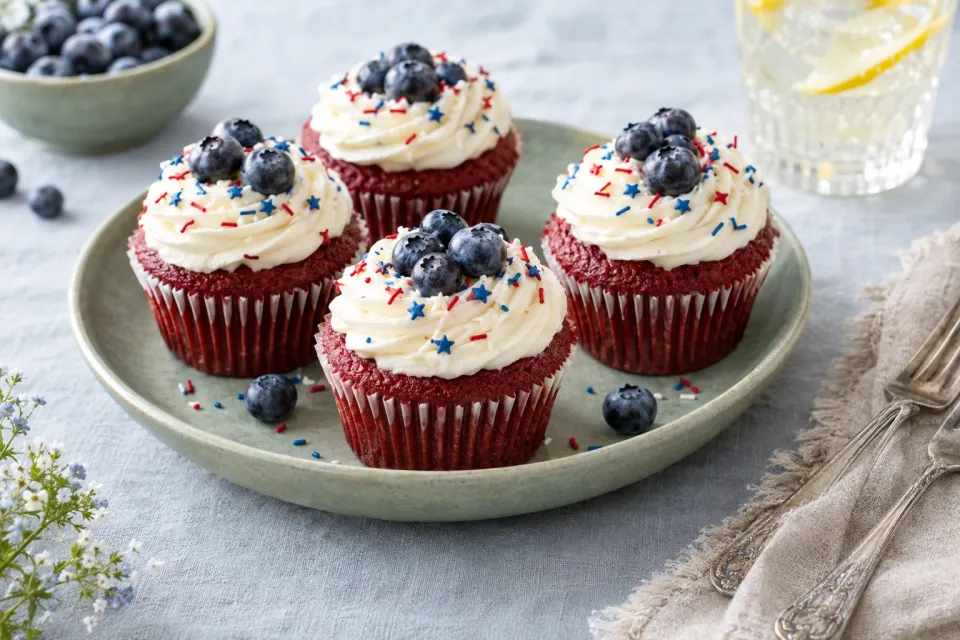Red Velvet 4th of July Cupcakes with Cream Cheese Frosting