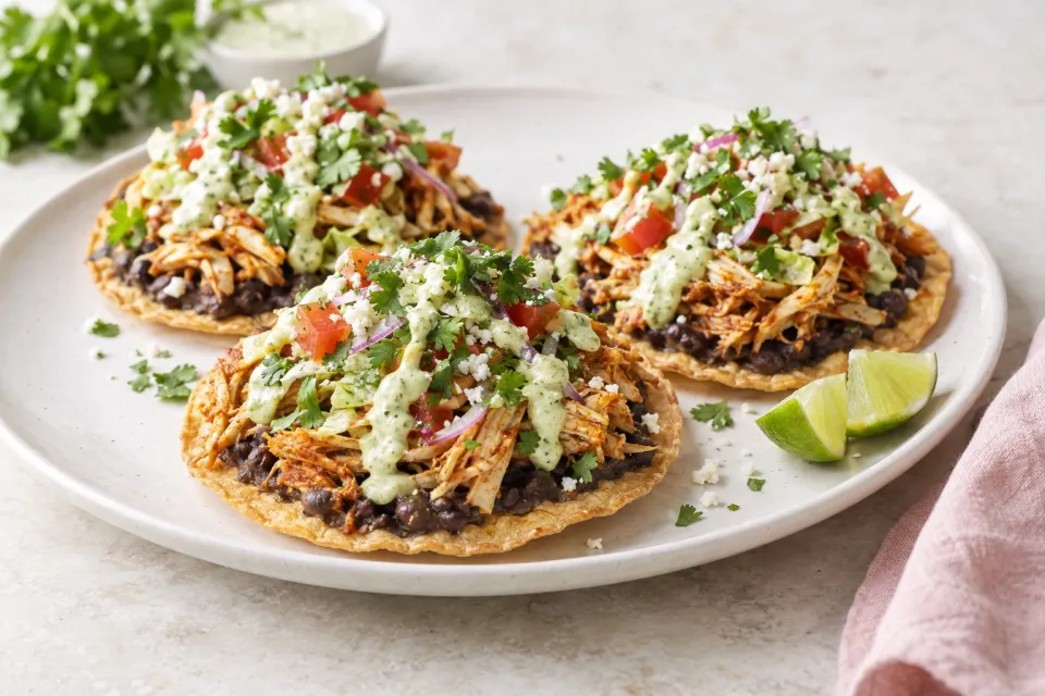 Chicken Tostadas with Black Beans and Cilantro-Lime Cream