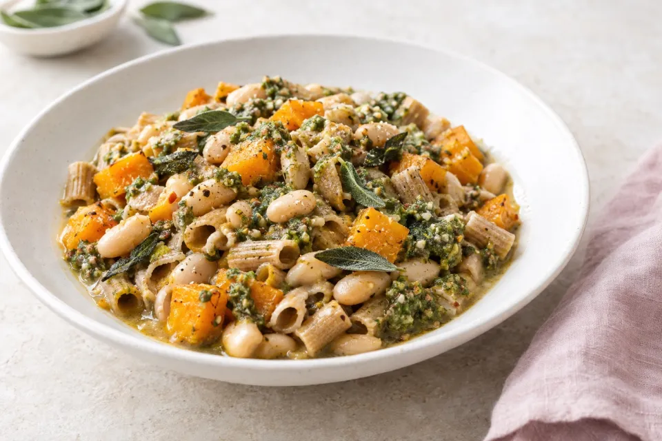 Whole-Grain Pasta E Fagioli with Butternut Squash and Sage Pesto