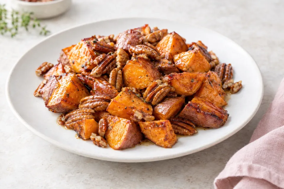 Maple Roasted Sweet Potatoes with Pecans