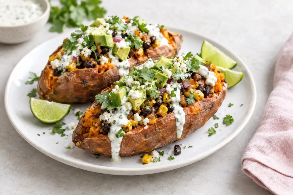 Loaded Sweet Potatoes with Lime Crema
