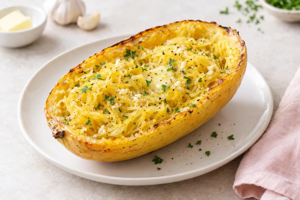 Baked Spaghetti Squash Recipe with Garlic and Butter