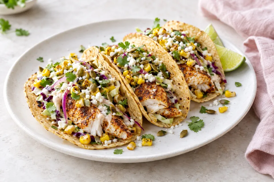 Grilled Fish Tacos with Corn and Pepitas