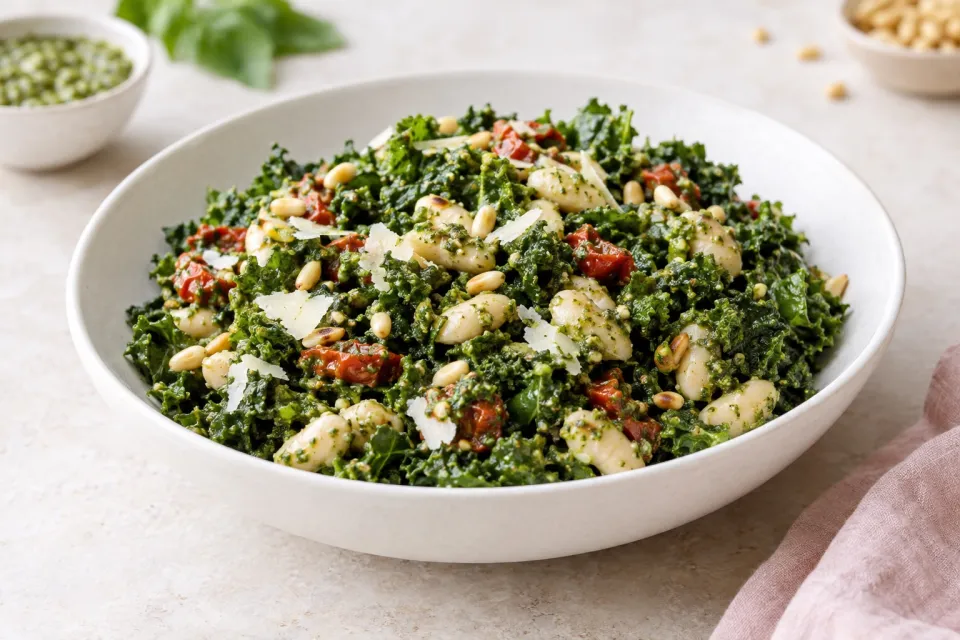 Make Ahead Kale White Bean and Pesto Salad