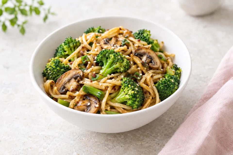 Simple Mushroom Broccoli Stir Fry Noodles