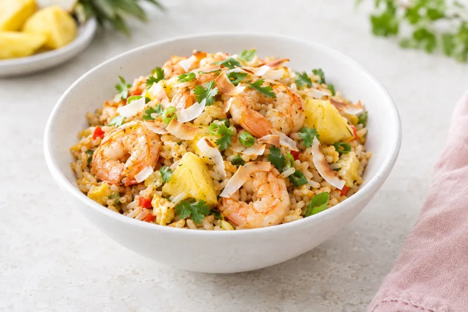Shrimp Fried Rice with Pineapple and Toasted Coconut