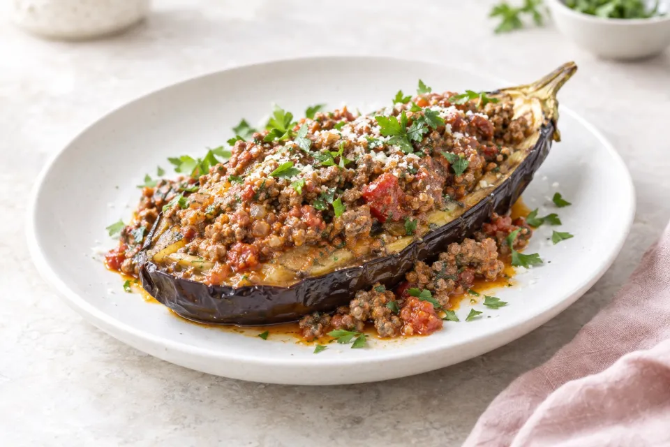 Roasted Eggplant with Meat Sauce