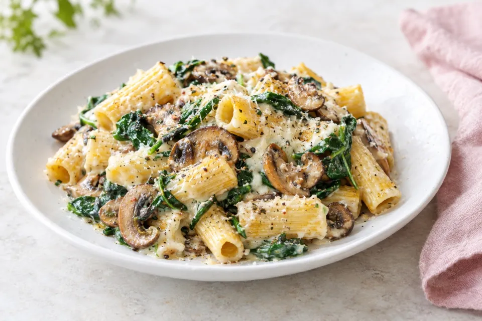 Cheesy Rigatoni Skillet with Mushrooms and Spinach