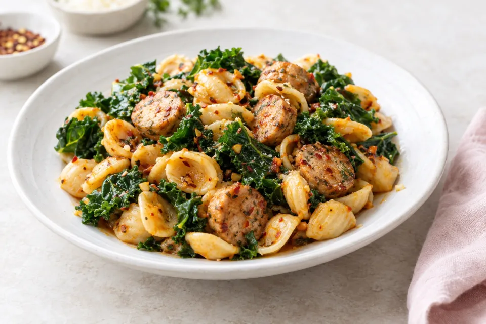 Spicy Orecchiette with Chicken Sausage and Kale