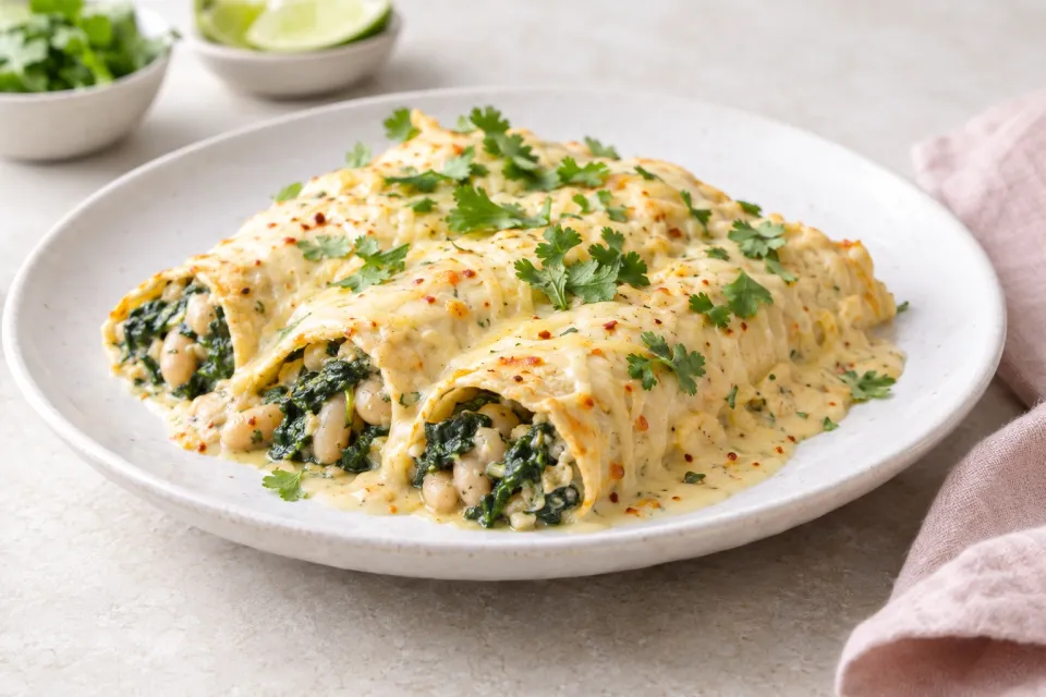 Spinach White Bean Enchiladas with Pepper Jack Sauce