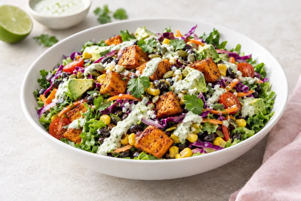 Roasted Sweet Potato Rainbow Salad with Lime Crema