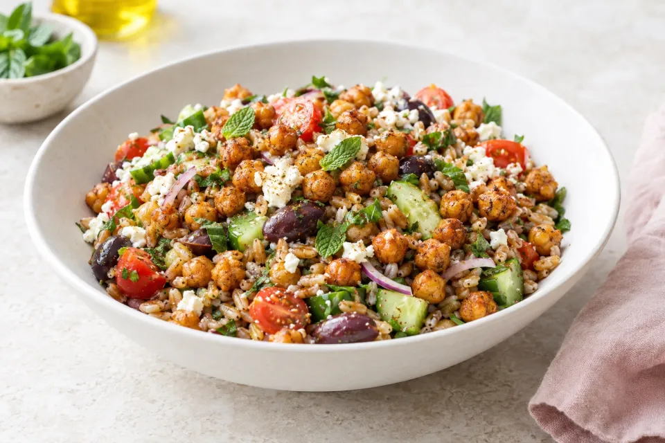 Mediterranean Farro Salad with Spiced Chickpeas