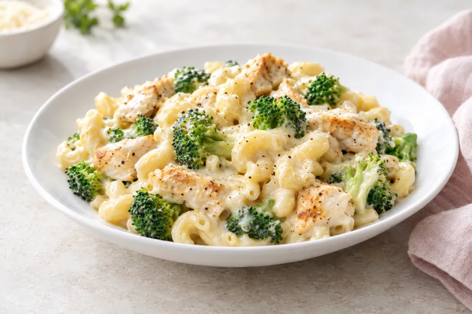 White Cheddar Mac and Cheese with Chicken and Broccoli