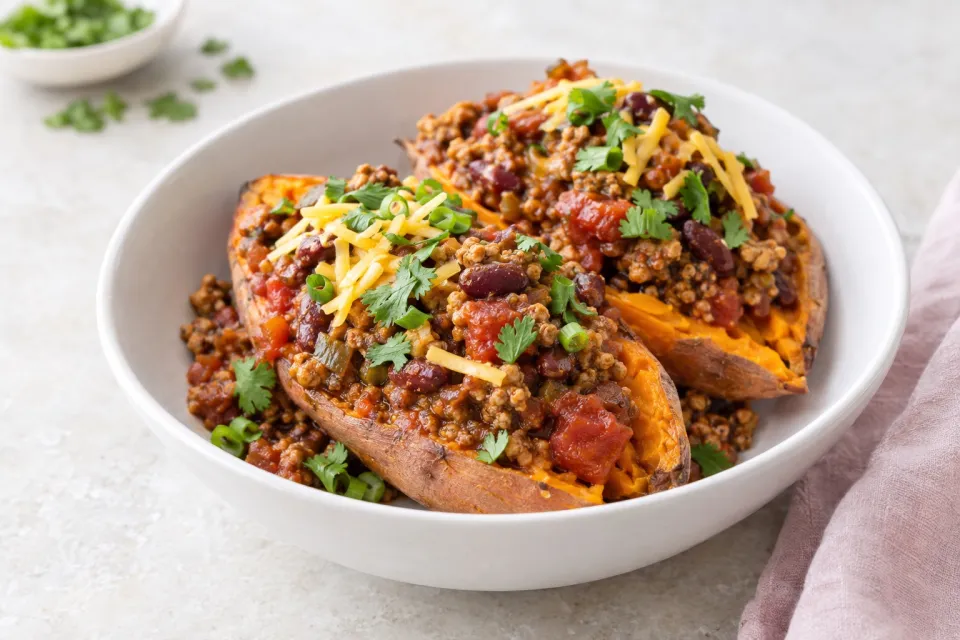 Turkey Chili Smothered Sweet Potatoes
