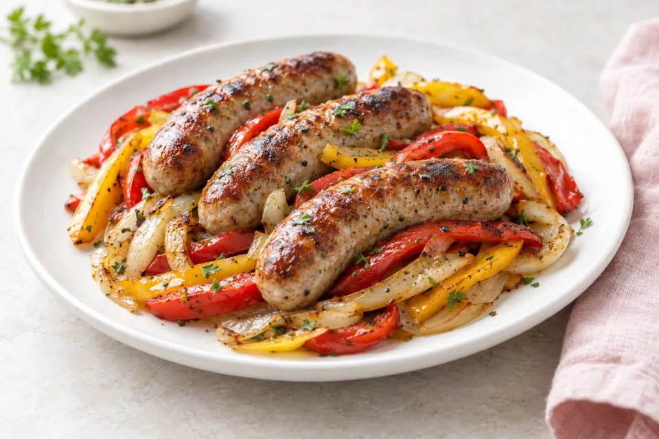 Roasted Bratwurst with Peppers and Onions