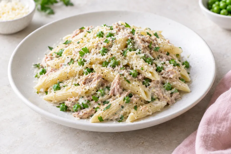 Creamy Tuna Pasta with Peas and Parmesan