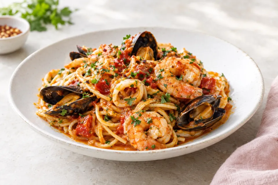 Spicy Seafood Pasta with Tomato Butter Sauce