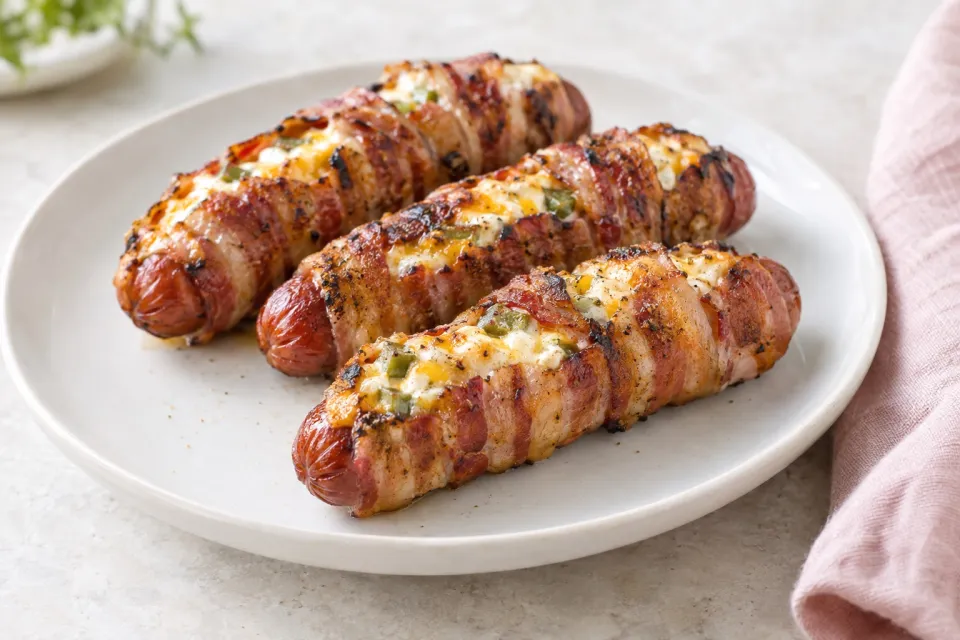 Grilled Bacon-Wrapped Stuffed Hot Dogs