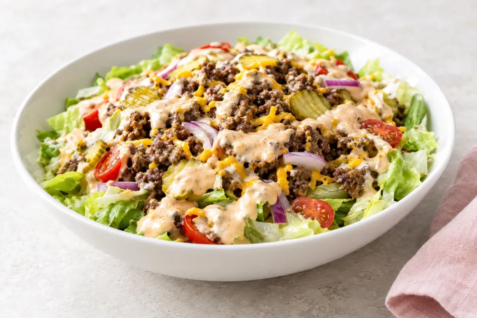 Cheeseburger Salad with Animal Sauce Dressing