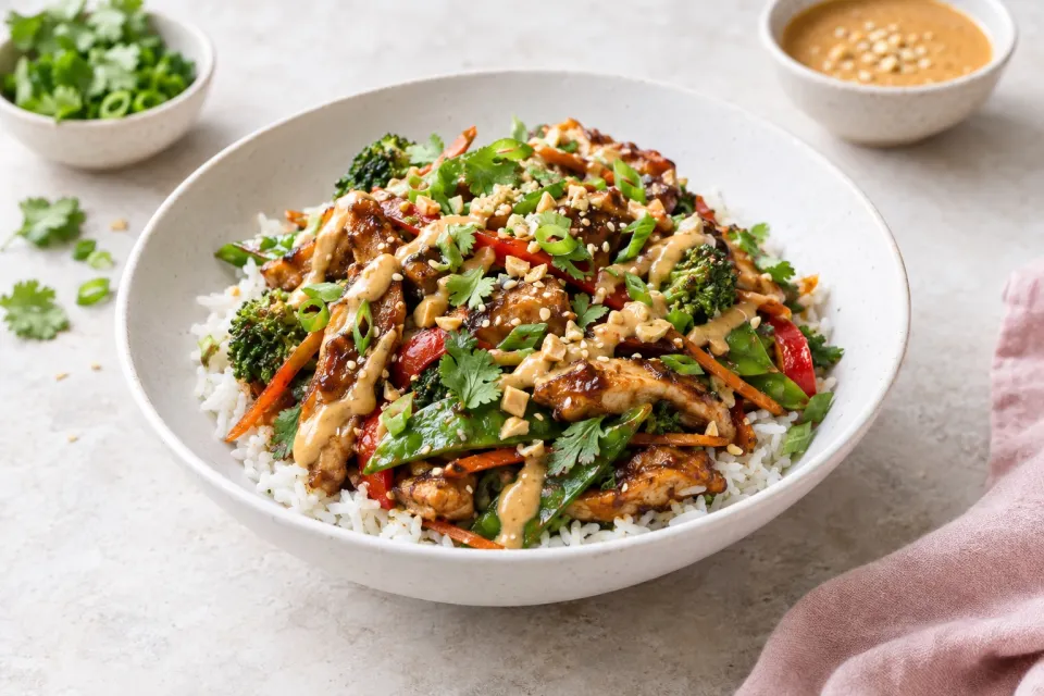 Hoisin Stir Fry Bowls with Spicy Peanut Sauce