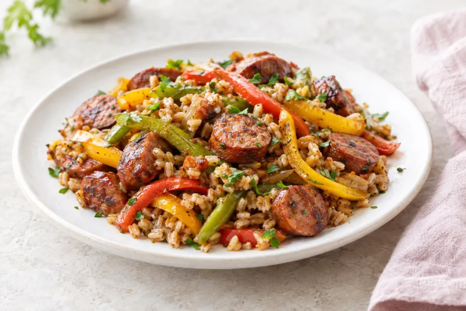 Smoked Sausage Skillet with Peppers and Farro