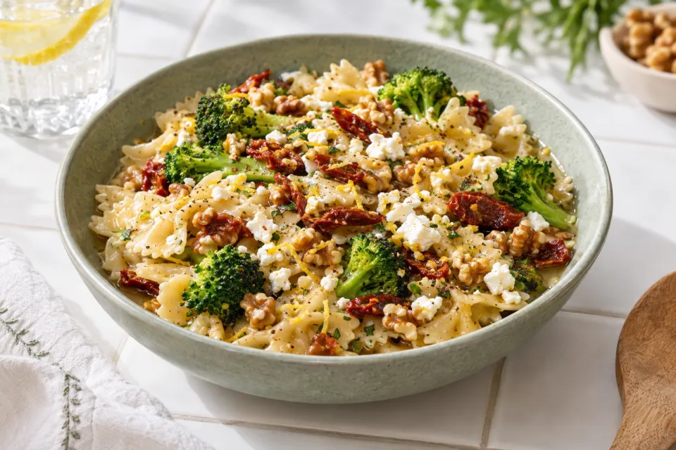 Skillet Pasta with Sun Dried Tomatoes Walnuts and Feta
