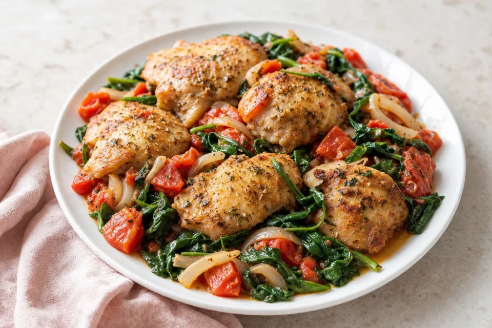 Italian Skillet Chicken with Spinach, Tomatoes, and Onions