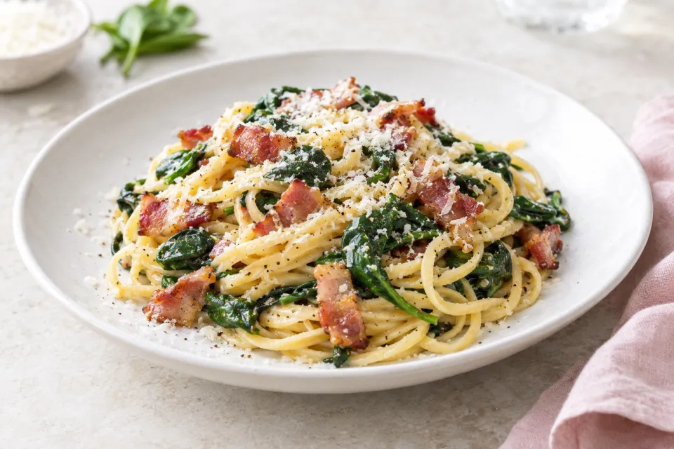 Bacon and Spinach Pasta with Parmesan