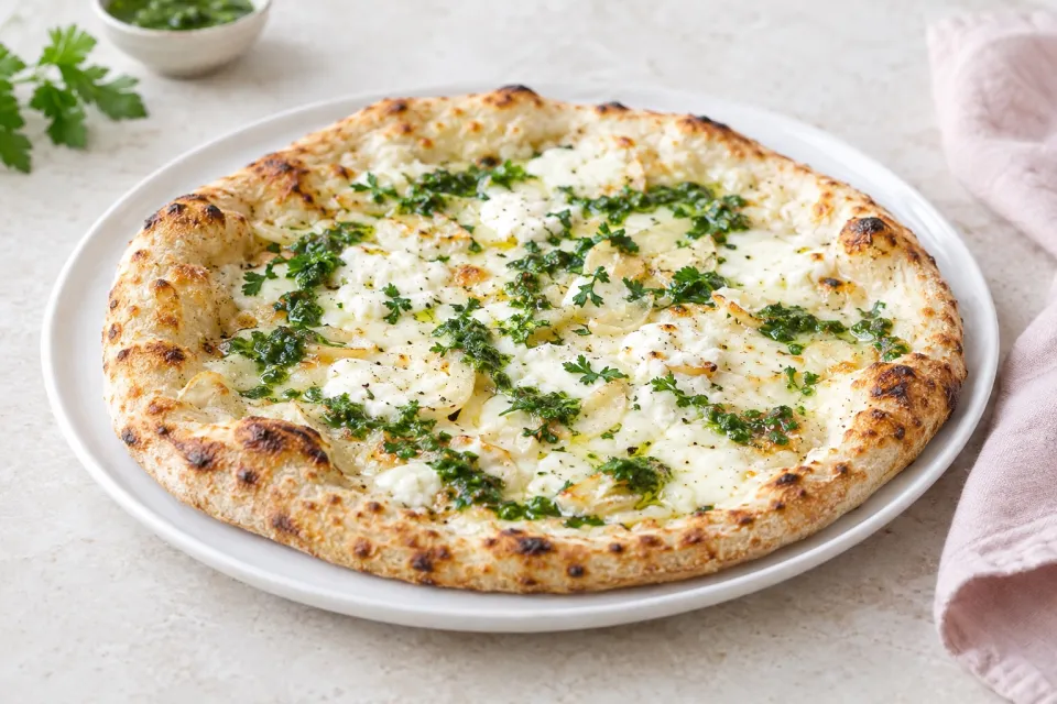 White Pizza with Parsley Pesto Drizzle